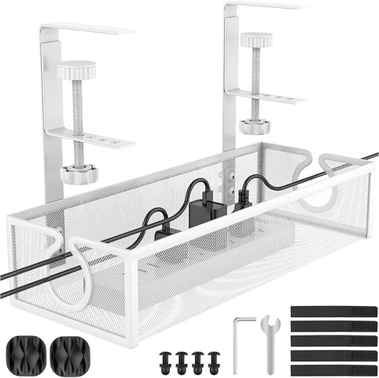 Under Desk Cable Management Tray, Metal Long Arms(3.9in), No Drill Mesh Wire Management Tray Cable Box for Office, Desk Wire Organizer with Clamp Mount, 1 Pack, White