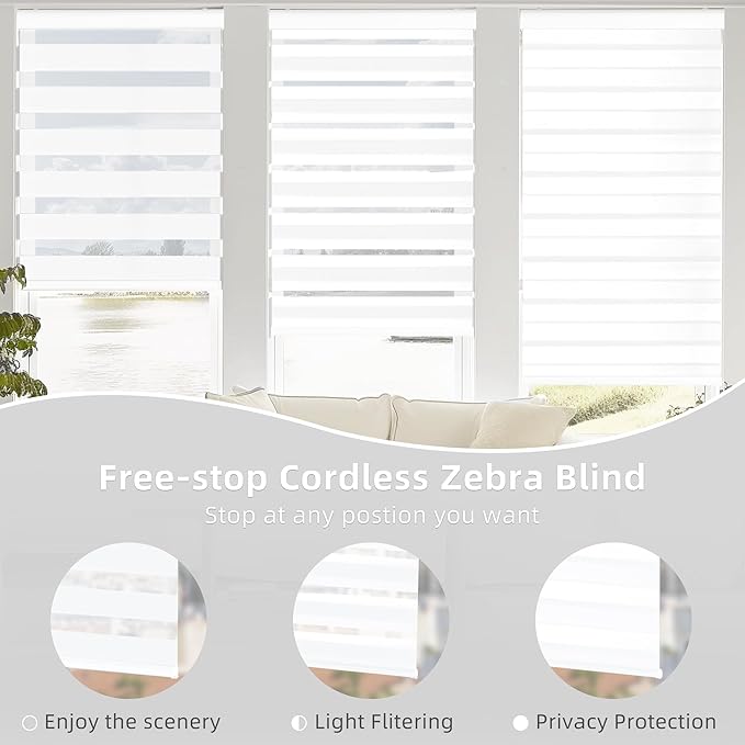 ChrisDowa Cordless Zebra Blinds for Windows, Dual Layer Free-Stop Light Filtering Window Roller Shades, Pull Down Privacy Zebra Shades for Home, Office, Bedroom, Door (44" W x 72" H, White)