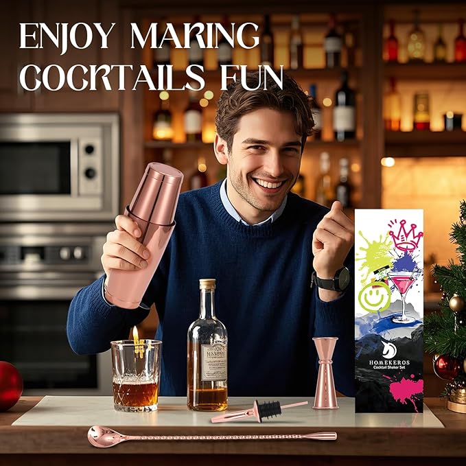 Boston Shaker Set Rose Gold, Stainless Steel Cocktail Shaker Set, 12 Pcs Bartender Kit Includes 18oz & 28oz Shaker Tins, Cocktail Strainer Set, Japanese Jigger and Bar Accessories