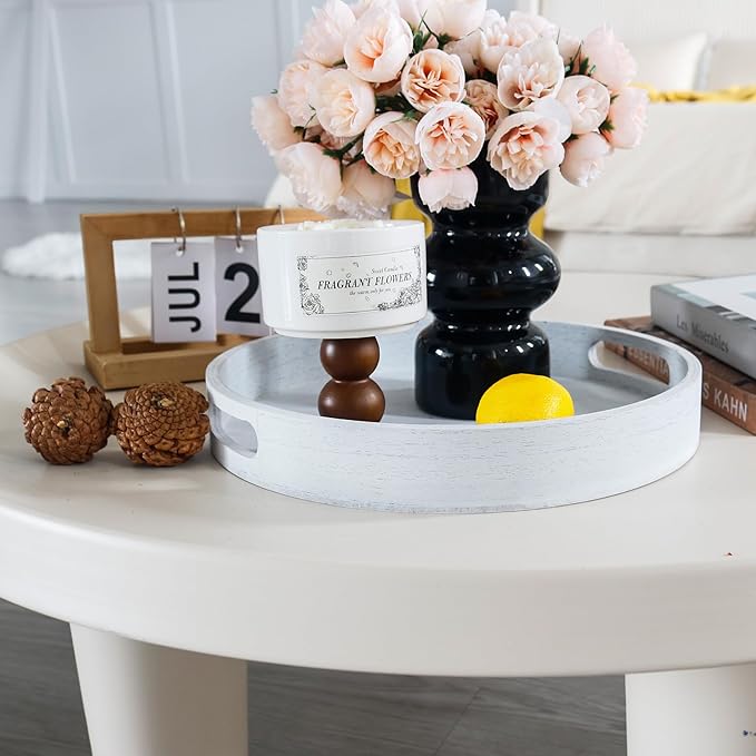 Round Decorative Tray,Wooden Serving Tray with Handles, 11.8in White Decorative Trays for Coffee Table,Kitchen Counter,bandejas decorativas