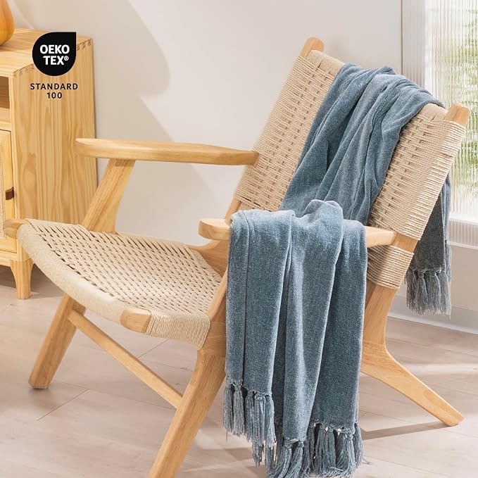 RECYCO Throw Blanket Soft Cozy Chenille Throw Blanket with Fringe Tassel for Couch Sofa Chair Bed Living Room Gift (Dusty Blue, 50'' x 60'')