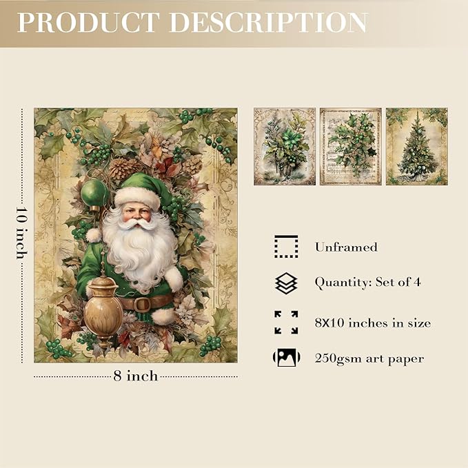 JXREQ Vintage Christmas Pictures Wall Decor Prints,Green Christmas Wall Art Decorations for Home Kitchen Bedroom Bathroom Living Room Office,Santa Claus Xmas Tree Decor Prints Set of 4,8x10 Unframed