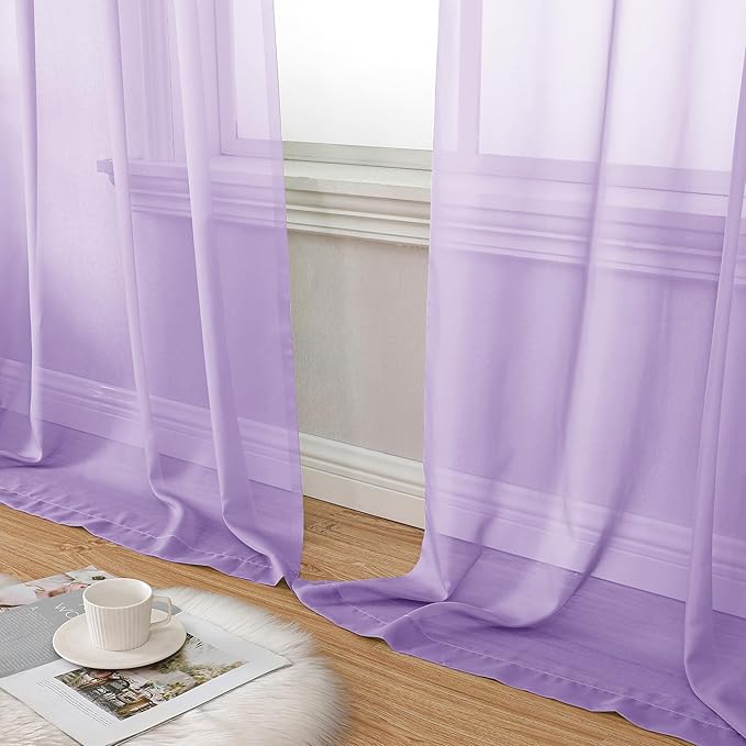Aiyufeng Light Purple Sheer Curtain Panels Pair Sold 90 Inch Length, Light Filtering Window Curtain Drapes Treatment for Kitchen, Bedroom/Children Room, Voile Top Dual Rod Pocket, 2 Pack of 42 x 90"