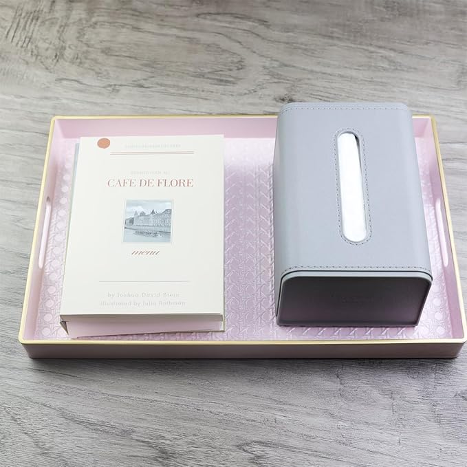 Pink Decorative Coffee Table Tray, Rectangular Plastic Serving Tray with Handles for Living Room, Ottoman, Bathroom, 15.7"*10.2"