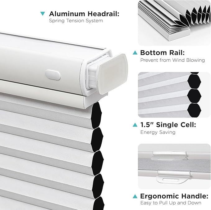 Joydeco No Tools No Drill Blinds for Indoor Windows, Cordless Window Blinds Cellular Shades Top Down Bottom Up Blackout Honeycomb Blinds Thermal Insulated Noise Reduction (White, 62" W x 96" H)