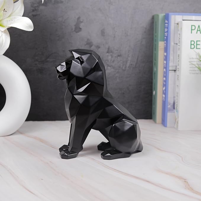 Black Lion Statue for Home Decor Geometric Style Sitting Black Lion Figurine Home Decorative Showpiece, Lion Idol for Office Decoration, Handmade Animal Statue Resin, Size 7.67 inch