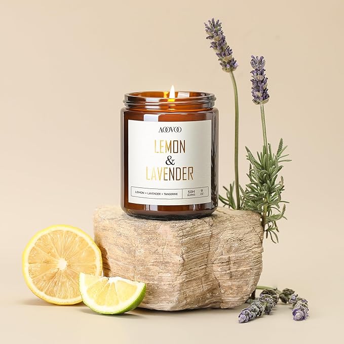 AOOVOO Lemon Lavender Scented Candle - Lavender, Soy Wax, Aromatherapy, 9oz