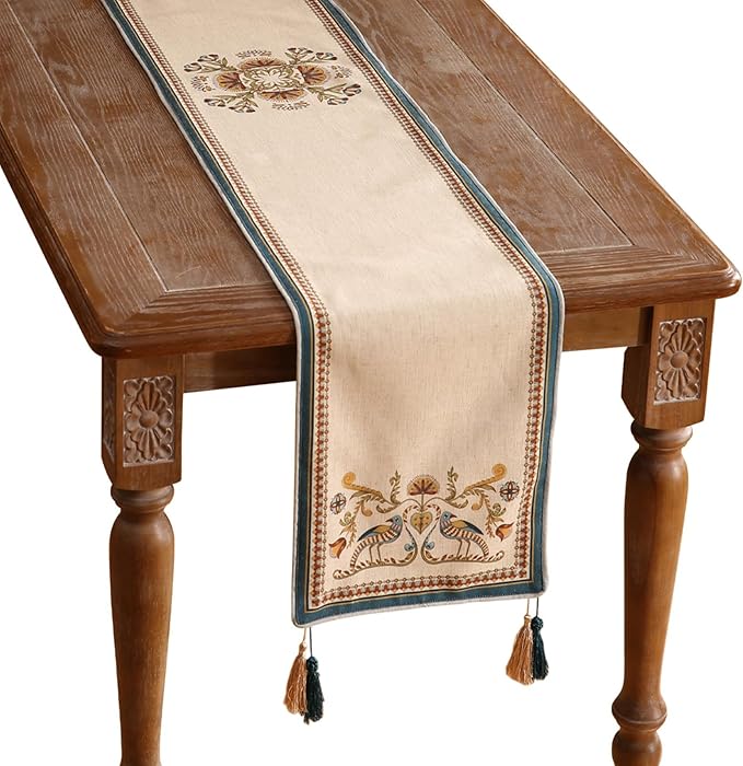 patdrea Designer Beige Farmhouse Geometric Patterned Linen Table Runner 87 Inch Long,Wrinkle Resistant Table Mat,Decoration for Kitchen Dining and Coffee Tables Banquet Christmas , 12"x87"