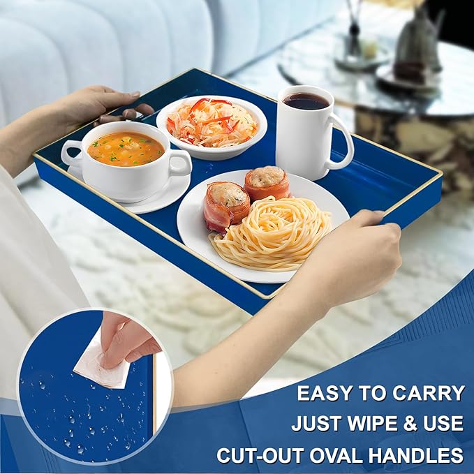 MAONAME Navy Blue Serving Tray with Handles, Modern Decorative Tray for Coffee Table, Plastic Rectangular Tray for Ottoman, Bathroom, Decor, 15.8” x 10.2” x1.4