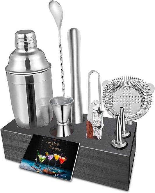 Cocktail Shaker Set with Stand,Cocktail Kit,Bartender Kit with 10 Piece Bar Tool Set,Matini Shaker,Mixing Spoon,Jigger,Strainer,Muddler,Corkscrew for Barware Set and Other Bar Tools (Black Bamboo)