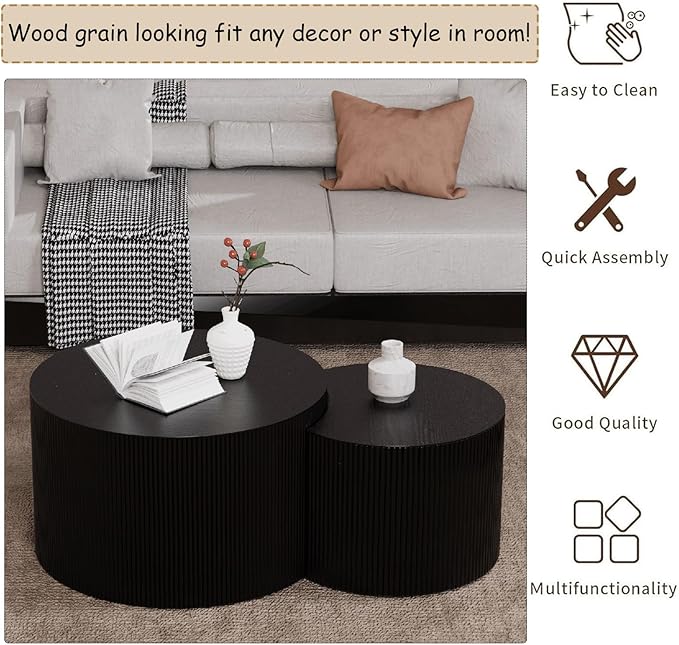 Modern Round Nesting Coffee Table Set of 2, Vertical Stripe Design Drum Coffee Table Cocktail Table, Round Side Table for Living Room, Bedroom, Office, Balcony (C19.69+27.56")