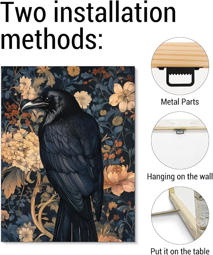 Aesthetic Raven Floral Wall Art Decor Vintage Raven Cottagecore Canvas Print Poster Dark Academia Framed Painting Wall Decoration for Home Farmhouse Living Room Bedroom 11x15 Inch