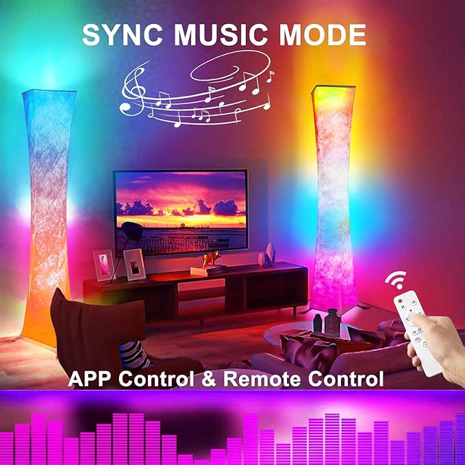 2 Pcs Floor Lamp, 61'' Smart RGB LED Corner Lamp with Music Sync and 16 Million DIY Colors, 3 Color Temperature, APP & Remote Control, Color Changing Standing Floor Lamp for Bedroom Living Room