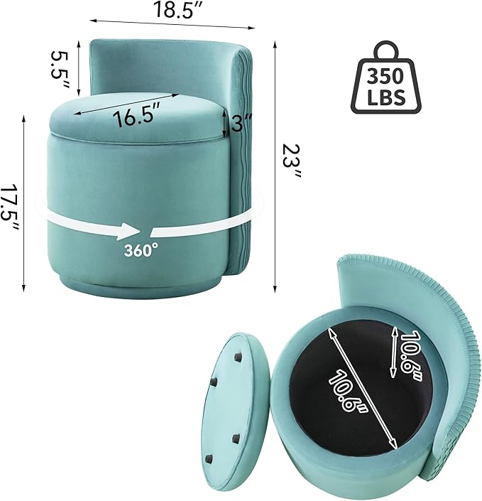 Velvet Vanity Chair with Storage, 360° Swivel Makeup Chair with Wave Back, No Assembly Small Accent Stool for Bedroom, Dressing, Living Room, Teal