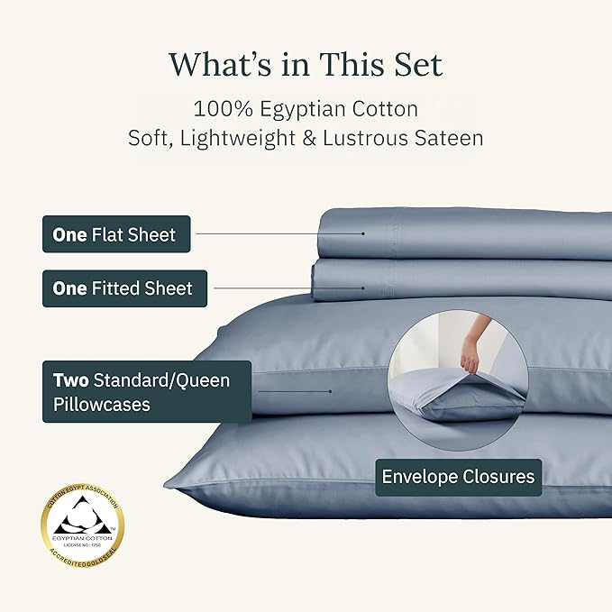 California Design Den Certified Luxury 100% Egyptian Cotton Sheets Set - Sateen Queen Sheets Set with Deep Pockets, Soft and Durable Luxury Bedding - Blue Hydrangea