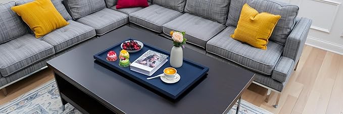30 * 16 Inch Rectangular Ottoman Tray | Textured PU Leather, Waterproof & Heat-Resistant Storage for Coffee/Dining Tables, Sofa, Bed, Entertainment & Party (Navy Blue, 30 * 16in)