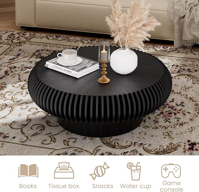 Fluted Drum Coffee Table Round Coffee Table for Living Room Mid Century Modern Coffee Tables with Sturdy Pedestal Circle Center Tea Table Accent Tea Table for Small Space Apartment (31.5" Black)