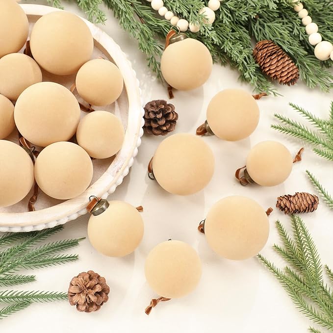 36 Pcs Velvet Christmas Balls Bulk - Flocked Christmas Tree Ball Ornaments Hanging Decoration for Xmas Tree, Wreath, Home or Party Decorations, 2.36", 2.76", 3.15"(Champagne)