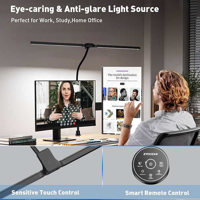 Desk Lamp with Clamp, 31.5" LED Desk Lamp for Home Office, 24W Gesture Sensing Control Desk Light, Dimmable & Color Temperature, Eye-Caring Office Lamp, Brightest Architect Lamp for Screen