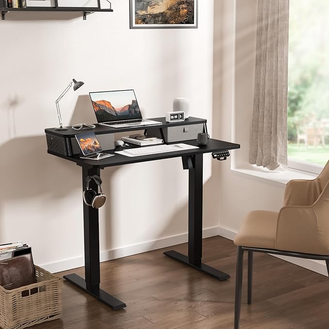 40 x 24 Inch Standing Desk with 2 Drawers, Easily Assembled Height Adjustable Desk, Ergonomic Sit to Stand Electric Desk for Home Office Workstation, Classic Black