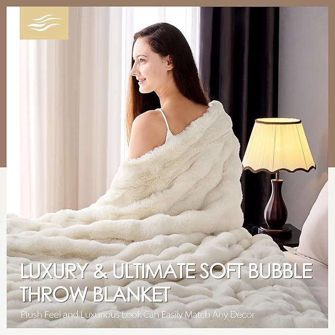 Luxury 1000GSM Faux Rabbit Fur Throw Blanket, Super Heavy Warm Cozy Blankets for Couch Bed Sofa, Bubble Plush Fuzzy Elegant Soft Reversible Mink Blanket for Living Room Bedroom, White