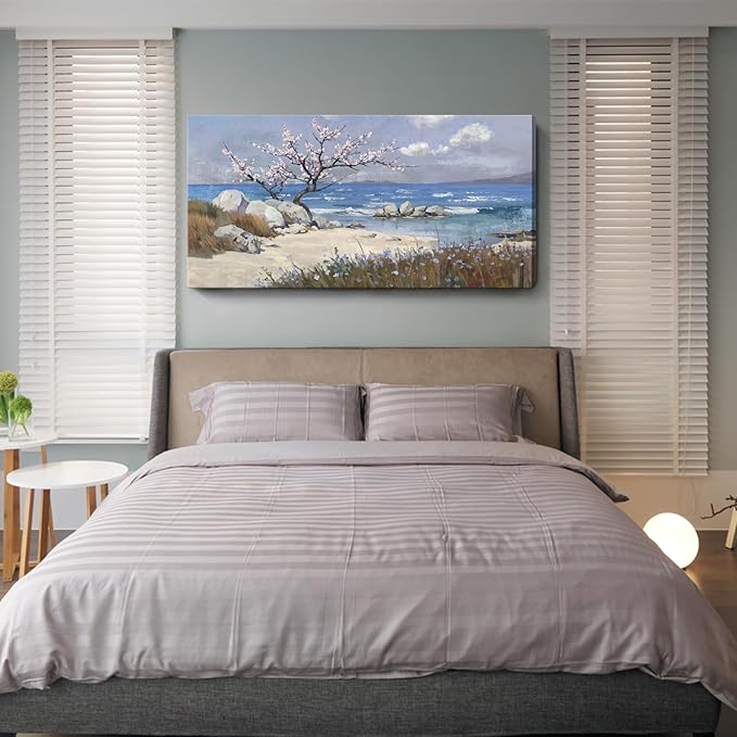 amatop Large Coastal Wall Art Prints– Blue Ocean Beach Abstract Landscape Canvas Picture Pink Floral Tree Cherry Blossom Nature Decorative Artwork for Living Room Bedroom Office Home Decor 48x24 In
