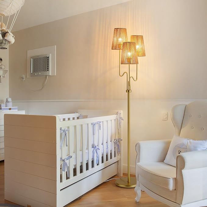 Boho Floor Lamp, 68in. Rattan floor lamp with Natural Woven Shade, Rustic Standing Lamp for Coastal, Beach or Bohemian Style Decor, E26 Socket, On/Off Footswitch Lamp for Living room, Bedroom (Gold)