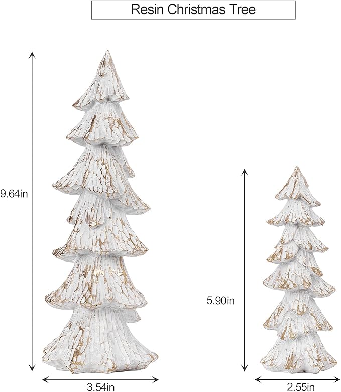 Vintage Christmas Tree Figurines White with Gold, 9.64" Tabletop Xmas Tree Ornaments Christmas Centerpieces for Mantle Desk Decor, Decorative Trees Set of 2 for Modern Farmhouse Indoor Decor