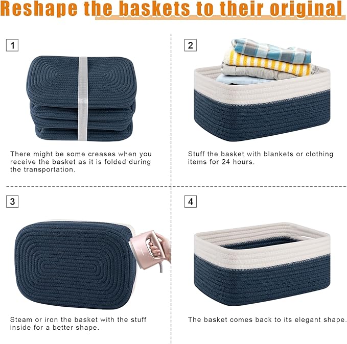 OIAHOMY 4 Pack Storage Baskets for Organizing, Small Bins for Shelves, Cute Decorative Storage Bins, Organizer Baskets for Gifts Empty, 11.8''Lx7.8''Wx4.7''H, Blue/White