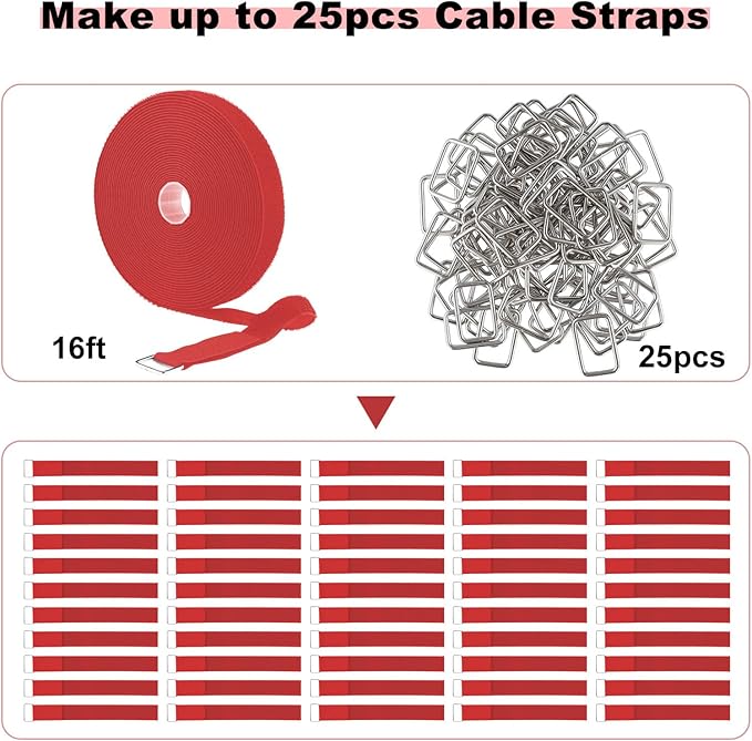 1"x16ft Hook and Loop Straps with 25 Metal Buckles, Adjustable Fastening Cable Straps, Cut-to-Length Cinch Strap, Reusable Nylon Securing Cord Ties for Organizer or Storage, 1 inch Wide,Red