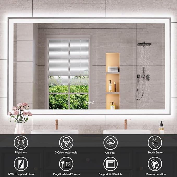 60x36 Silver LED Bathroom Mirror, Rectangle Brushed Nickel Lighted Mirror for Wall, Stepless Dimmable Led Vanity Mirror with Front-lit and Backlit, Tempered Glass, Anti-Fog, Memory