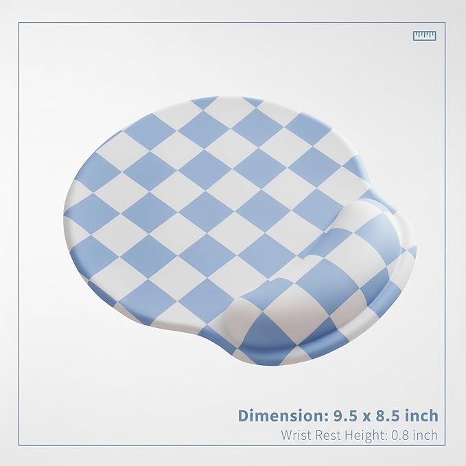 Blue Checkered Mouse Pad with Gel Wrist Rest, Wrist Support, Ergonomic Desk Accessories for Women, Office Laptop Gaming Decor, Cute Aesthetic Trendy Check Design