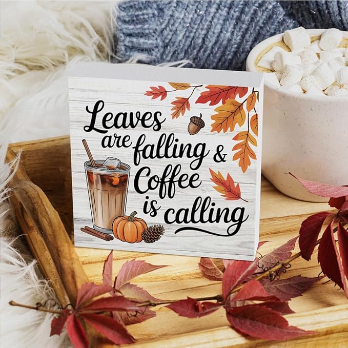 HTBIG Autumn Decor leaves Are falling & coffee Is Calling Wooden Box logo Office Table Bookshelf Decor Suitable For Country Style Farmhouse Coffee Station Desktop Use 5 x 5 Inch
