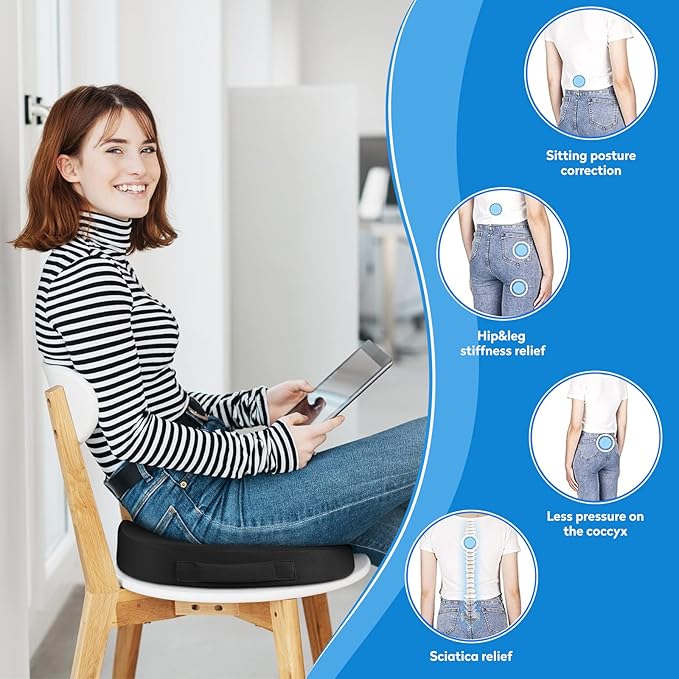 Seat Cushion for Office Chair, Car Seat, Airplane, Bleacher & Wheelchair, Ergonomic Memory Foam, Non-Slip Chair Pad, Office Desk Accessories for Back/Tailbone/Sciatica Pain Relief (Black)