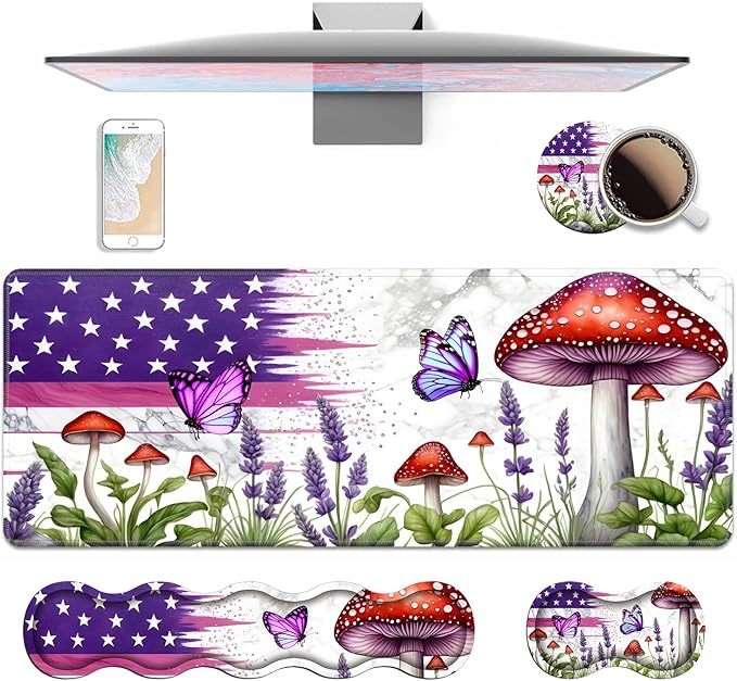 4 in 1 Ergonomic Keyboard Wrist Rest & Mouse Pad Wrist Rest Set, Large XXL Gaming Desk Mat 31.5"x 11.8" with Non-Slip Base, Memory Foam for Home Office Study Gaming, American Flag Mushroom Butterfly