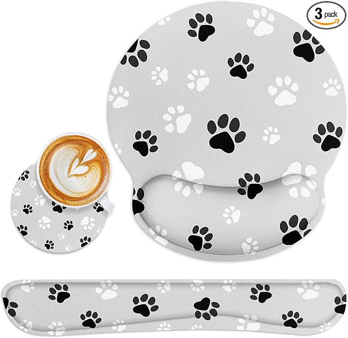 Britimes Ergonomic Mouse Pad Set with Wrist Rest Gray Paw Print Non-Slip Rubber Base Wrist Cushion Support and Coasters Mousepad with Wrist Support for Computer Keyboard and Desk