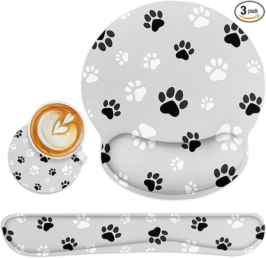 Britimes Ergonomic Mouse Pad Set with Wrist Rest Gray Paw Print Non-Slip Rubber Base Wrist Cushion Support and Coasters Mousepad with Wrist Support for Computer Keyboard and Desk