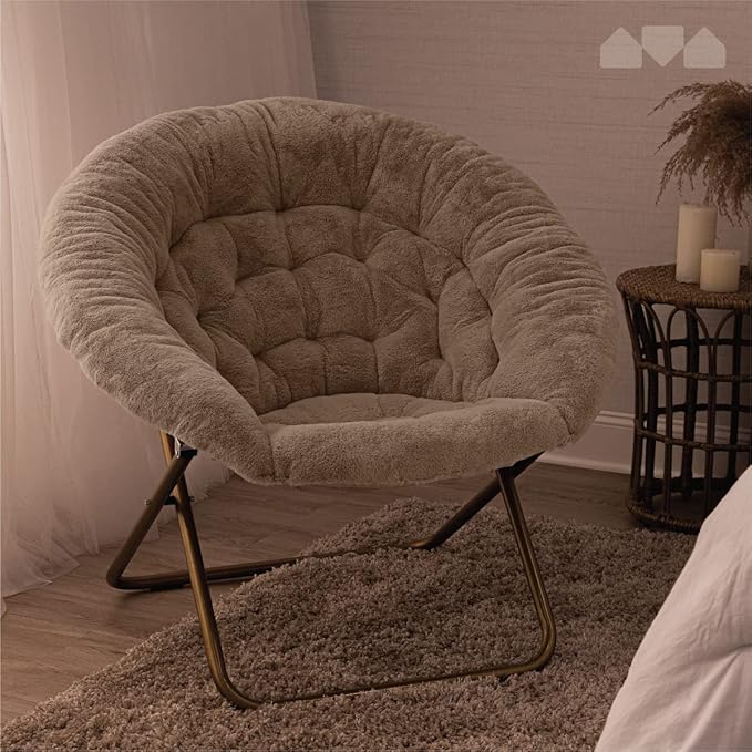 Milliard Saucer Chair For Adults, Teens & Kids, Beige, Faux Fur XL Circle Chair for Bedroom, Dorm & Gaming, Foldable Comfy Accent Seat for Small Spaces, Folding Moon / Mushroom / Round Oversized Style