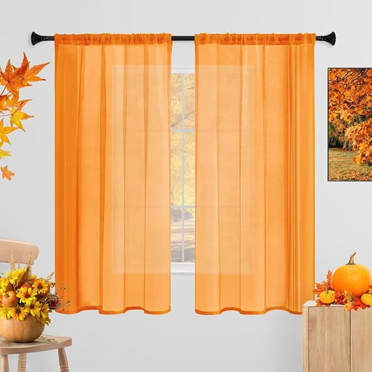 Sheer Curtains 72 Inches Long 2 Panels, Rod Pocket Short Curtain for Kitchen, Bedroom, Cafe Window(Orange 38" W x 72" L)