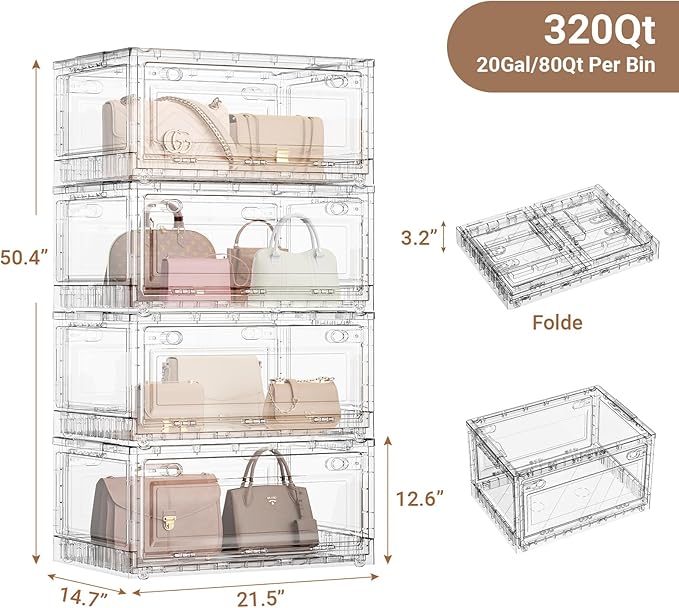 BROVIEW Clear Stackable Storage Bins Drawers, 320Qt Open Front Large Plastic Storage Bins with Lids and Wheels, Foldable Closet Organizers and Storage for Wardrobe Cabinets, Pantry, Makeup,4 Pack