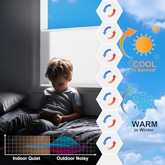 No Drill No Tools Cellular Shades Top Down Bottom Up Blackout Blinds for Windows Cordless Honeycomb Window Shades Easy to Install for Home, Light Filtering-White, 31.5" W x 64" H