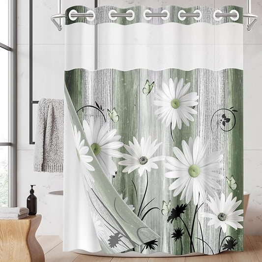 No Hook Green Daisy and Butterfly Shower Curtain with Snap in Fabric Liner Set, Rustic Farmhouse Double Layers Waterproof Fabric with See Through Top Window Open Grommet Bath Curtain 71x74 Inch