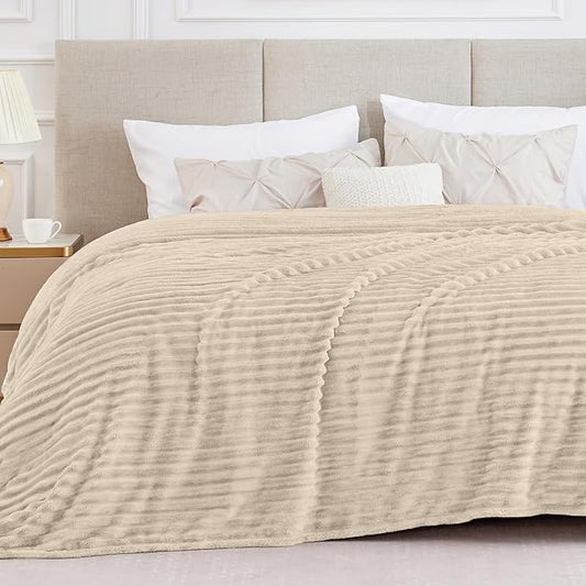 BEDELITE King Size Blanket for Bed, 300GSM Soft & Warm Fleece Blanket, Decorative and Giftable Striped Beige Blankets for Women, Men, 108"x90"