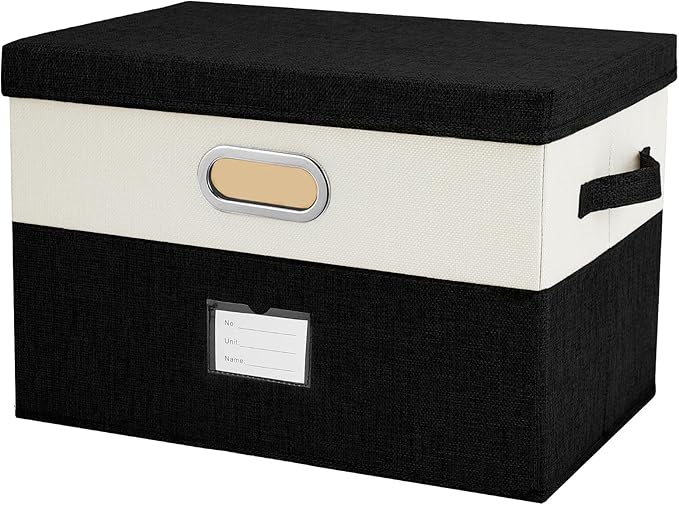 Large Linen Fabric Foldable Storage Bins with Removable Lid and Handles, Washable Storage Box Organizer Containers Baskets Cube with Cover for Bedroom,Office(Black&Cream, Large)