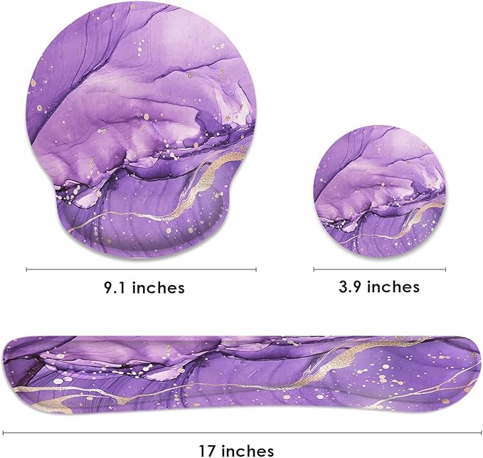Britimes Purple Gold Marble Mouse Pad 3pcs Set with Wrist Support Non-Slip Rubber Base Ergonomic Pad,Mouse Wrist Cushion Support and Coasters for Home Office Gaming Easy Typing & Pain Relief