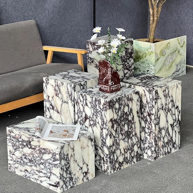 Luxury Marble Side Table,Square End Table for Modern Sofa and Bed, Living Room, Sofa, Bedroom（Calacatta Viola）