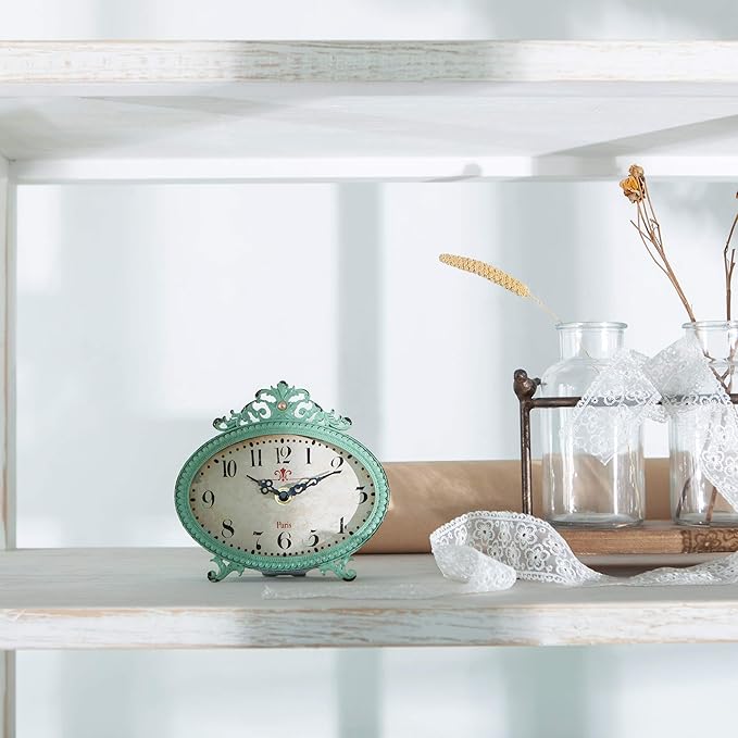 NIKKY HOME Vintage Table Clock, French Turquoise Color Rococo Style Desk Clock Battery Operated Rustic Design, Home Décor for Living Room, Bedroom, Bedside, Desk, Gift Clock - Distressed Green