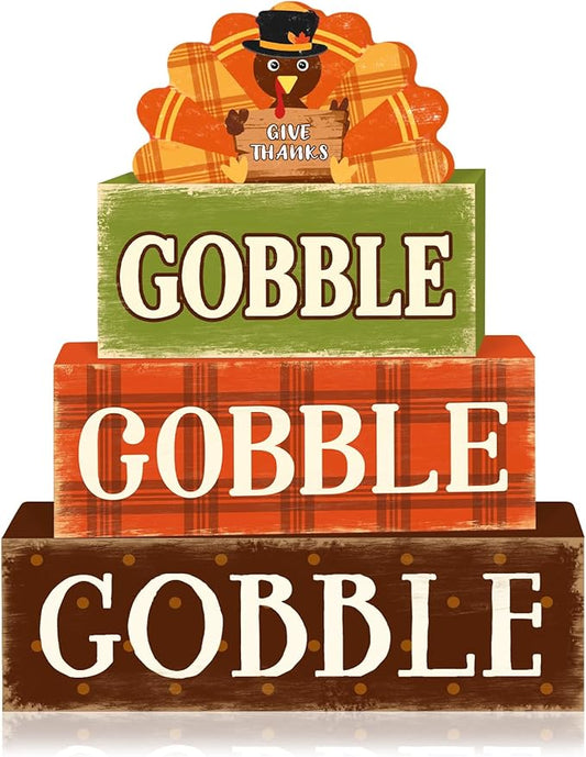 4 Pcs Fall Decorations for Home Thanksgiving Turkey Tiered Tray Decor, Fall Table Decor Farmhouse Rustic Wooden Turkey Block Sign Autumn Harvest Tabletop Centerpieces for Home Kitchen Indoor