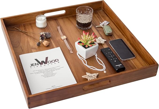 Serving Tray with Handles, 22 inch Large Square Ottoman Tray Coffee Table Tray, Wooden Trays Decorative Trays for Party, Food Serving, Breakfast, Dinner, Coffee Tea, Appetizers