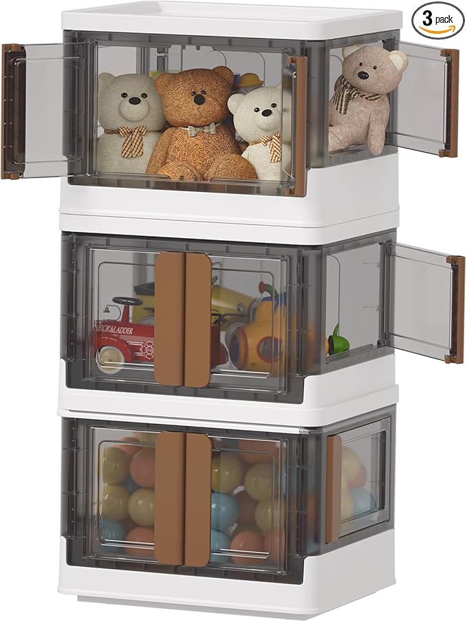 HAIXIN Closet Organizers and Storage, 4 Doors Opening Stackable Storage Box, 6.86 Gal Plastic Dorm Room Essentials, Folding Storage Container with Wheels, Cube Bins for Room Organizer, 3 Pack